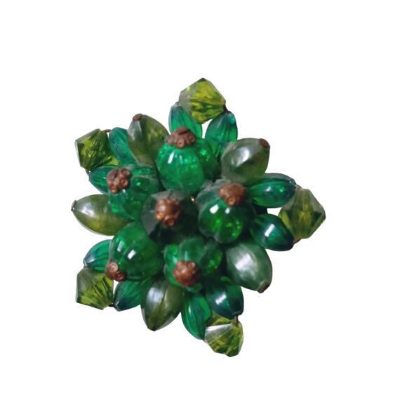 Vintage Green Cluster Brooch Signed Bronze Tone Beaded VTG - Picture 2 of 13